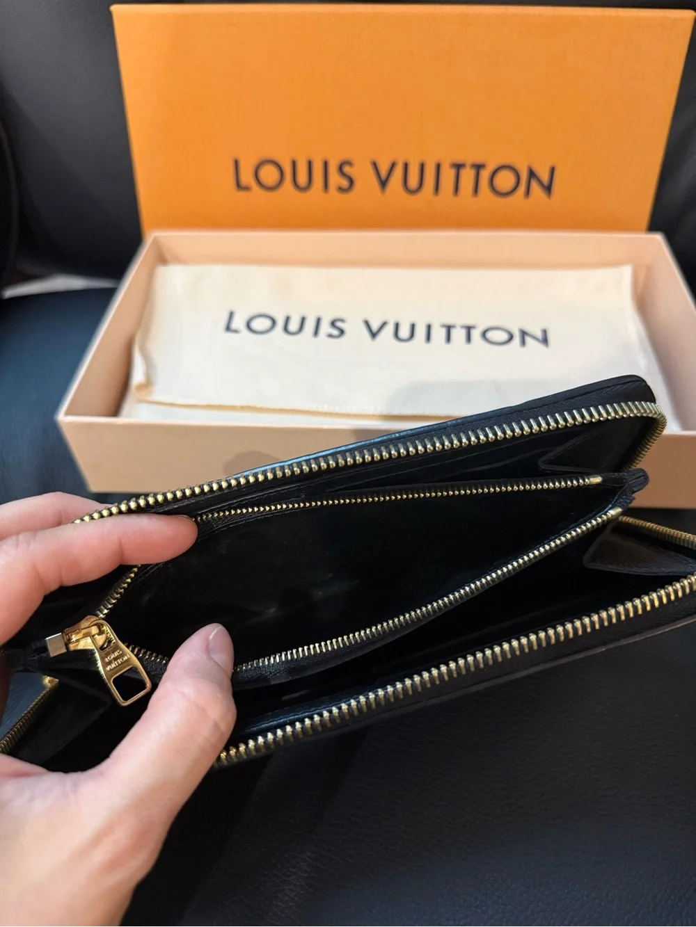 Louis Vuitton Clémence Black Monogram Zip Wallet in Embossed Leather With Box